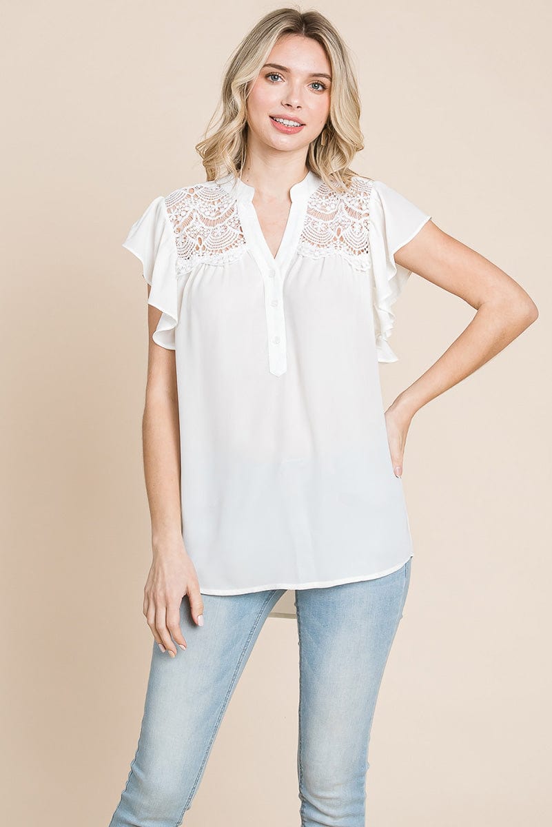 Crochet Detail Flutter Short Sleeve Blouse Tops