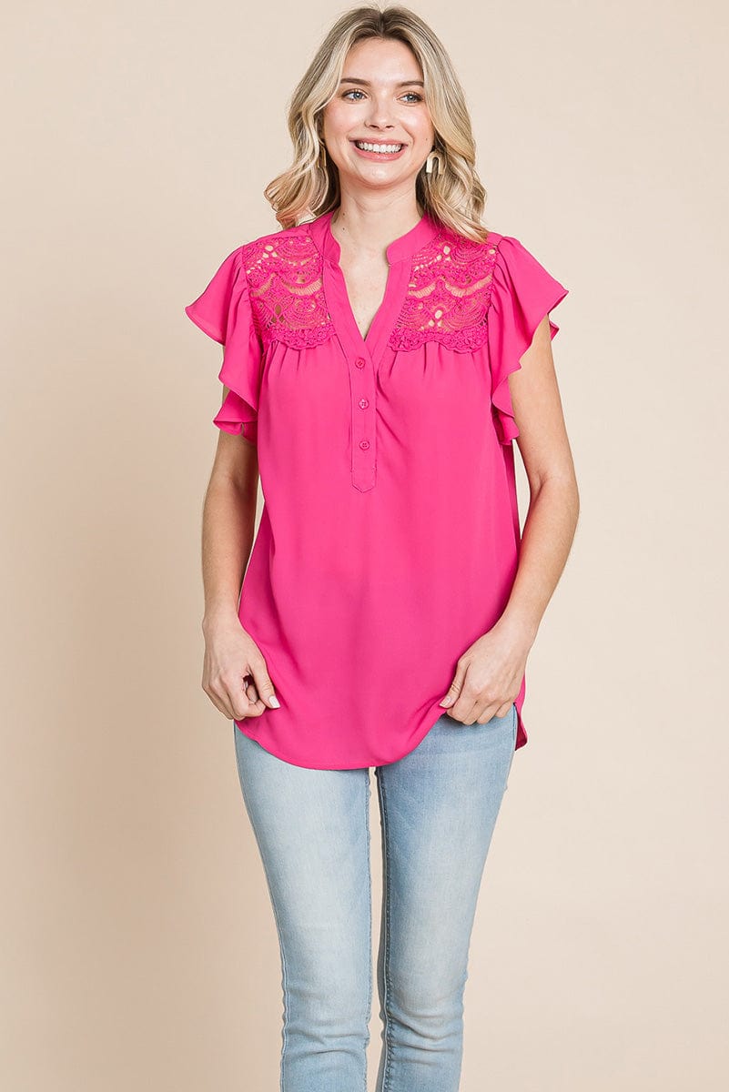 Crochet Detail Flutter Short Sleeve Blouse Tops