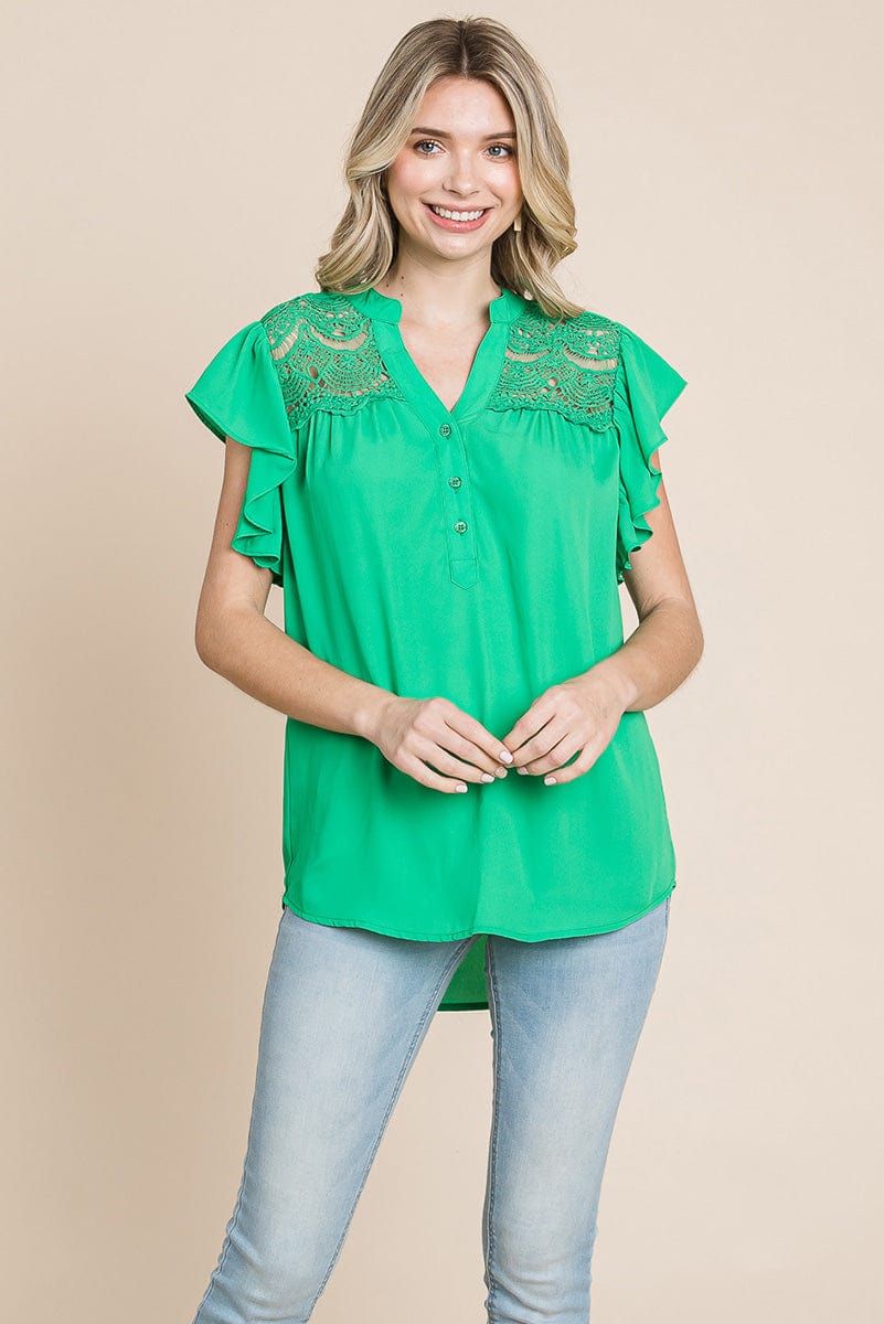 Crochet Detail Flutter Short Sleeve Blouse Tops