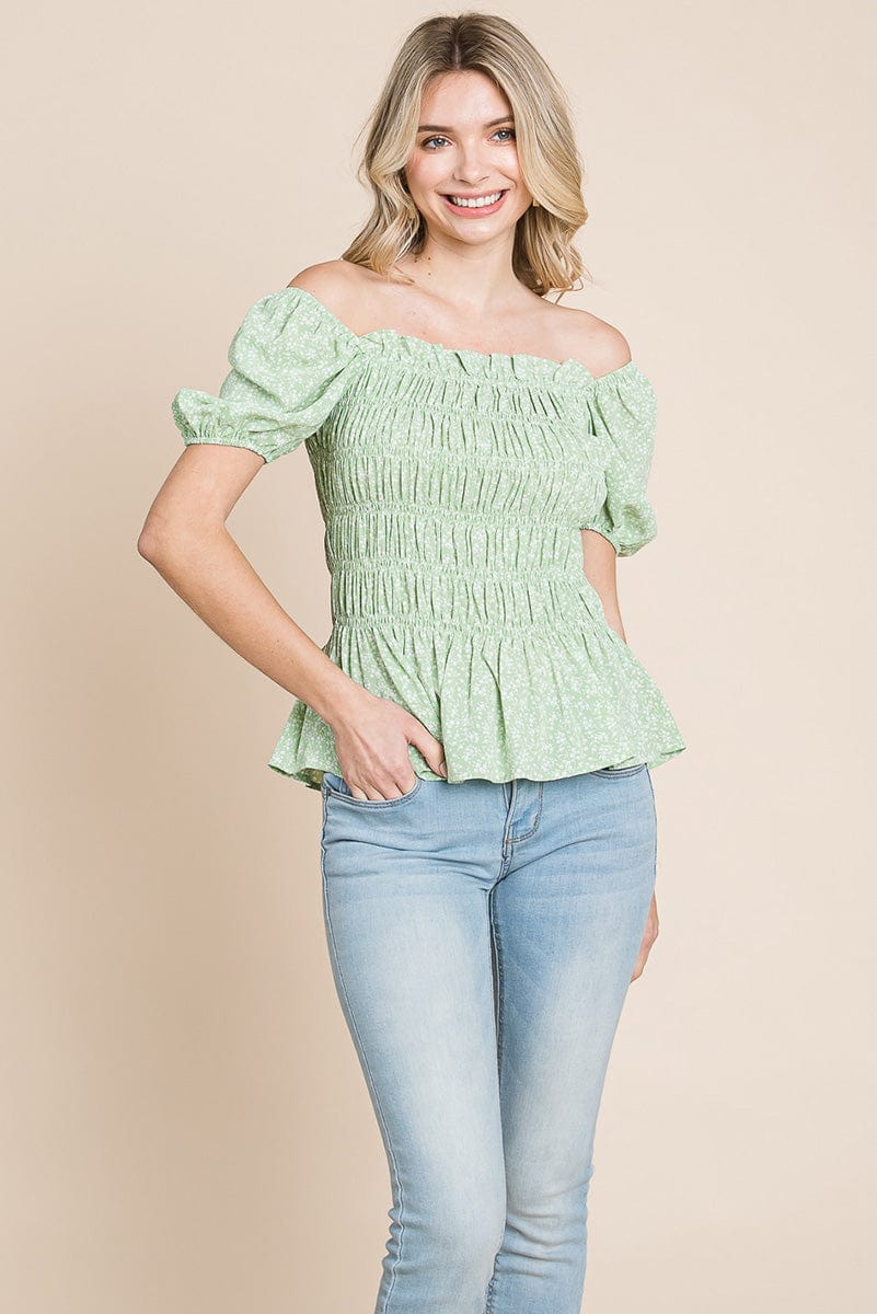 Ruched Floral Off the shoulder Smocked Blouse