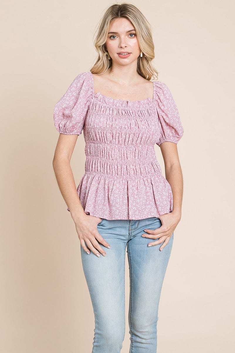 Ruched Floral Off the shoulder Smocked Blouse