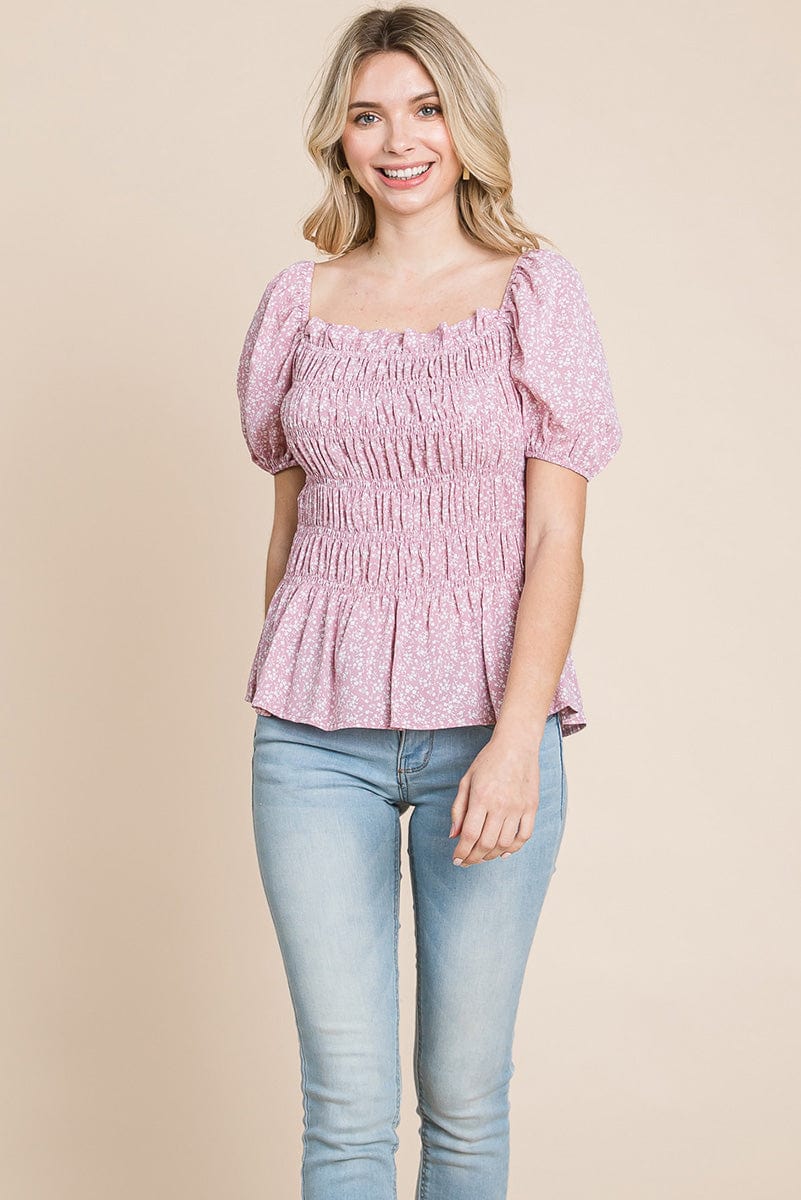 Ruched Floral Off the shoulder Smocked Blouse