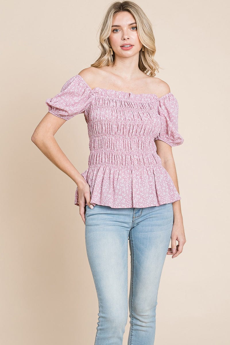 Ruched Floral Off the shoulder Smocked Blouse