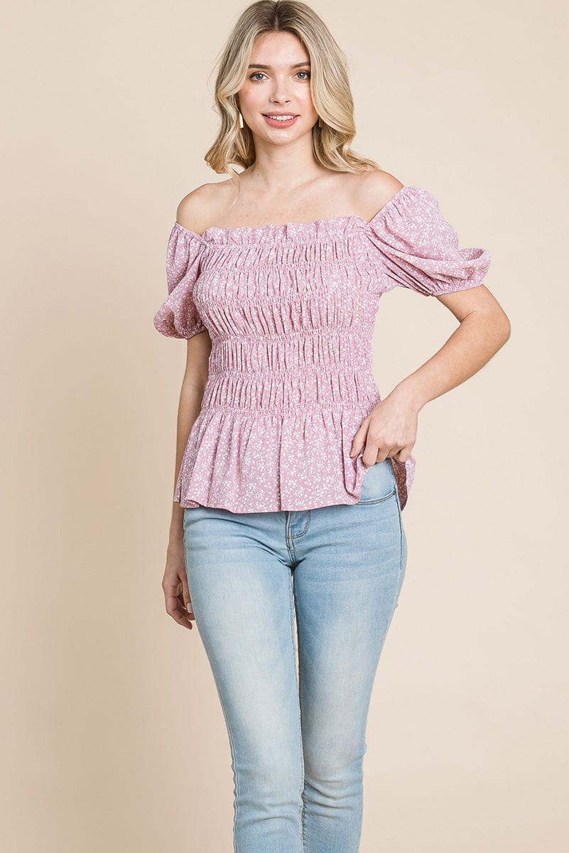 Ruched Floral Off the shoulder Smocked Blouse