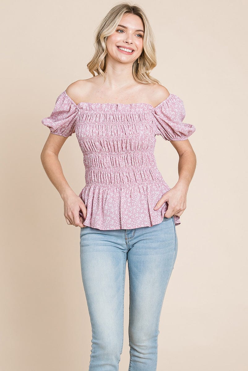 Ruched Floral Off the shoulder Smocked Blouse