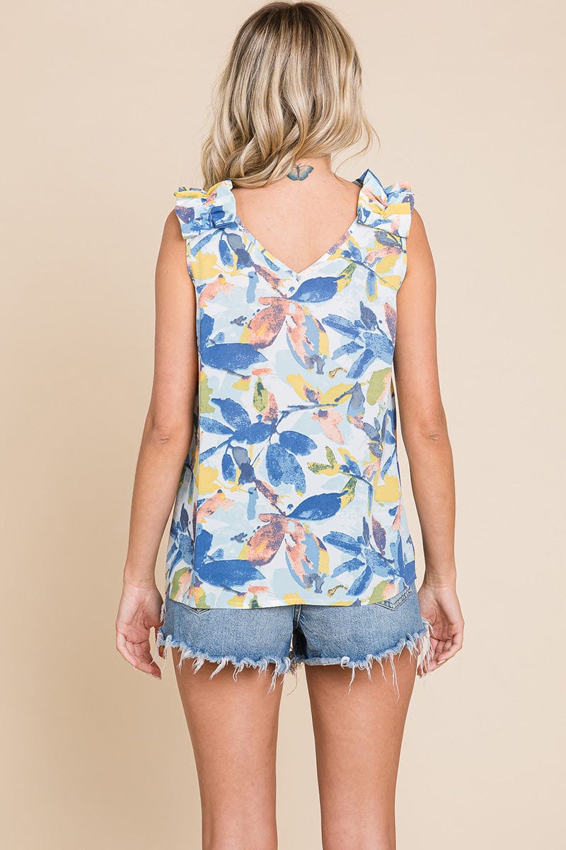 V Neck Sleeveless Ruffled Printed Top