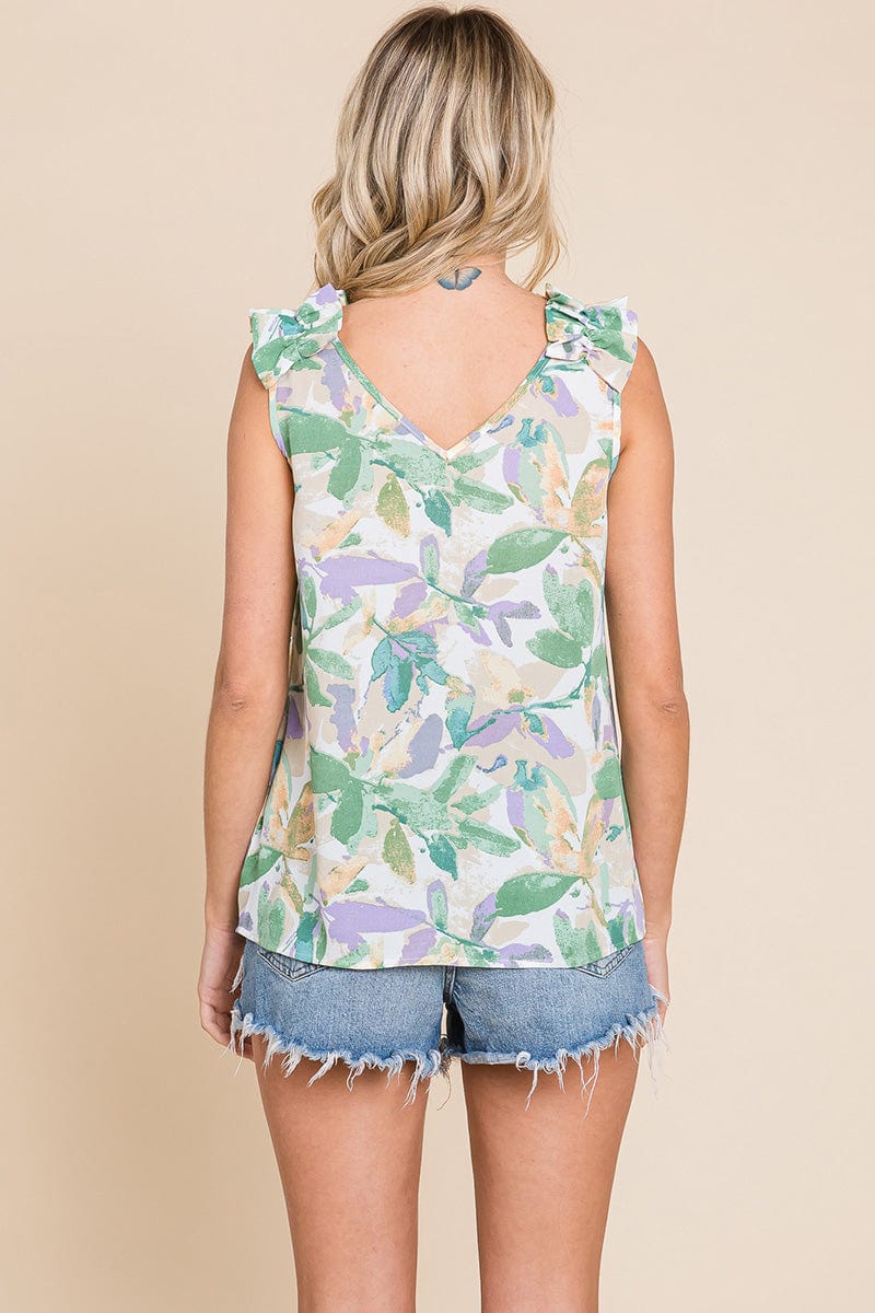 V Neck Sleeveless Ruffled Printed Top