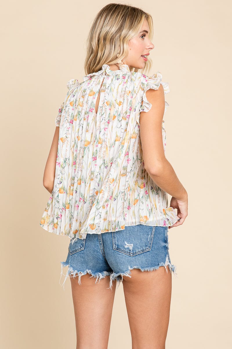 Floral Sleeveless Frill Neck Pleated Babydoll Tops