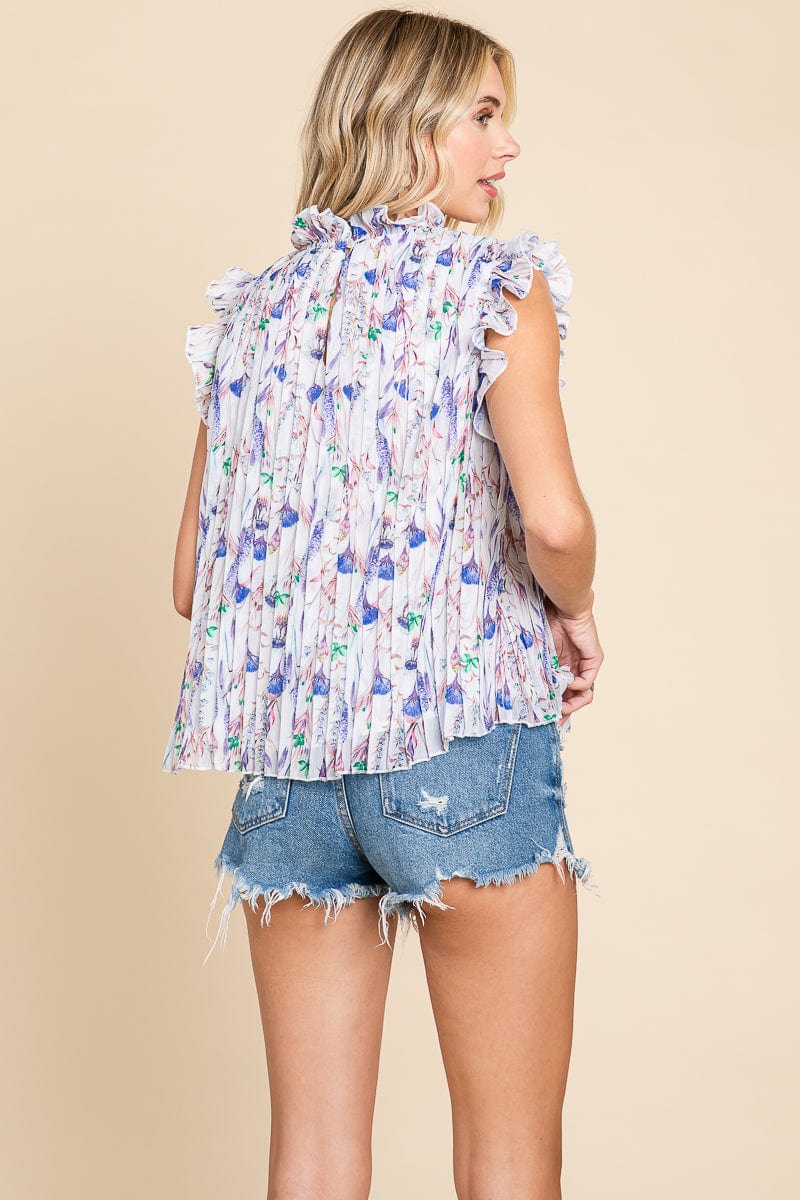 Floral Sleeveless Frill Neck Pleated Babydoll Tops