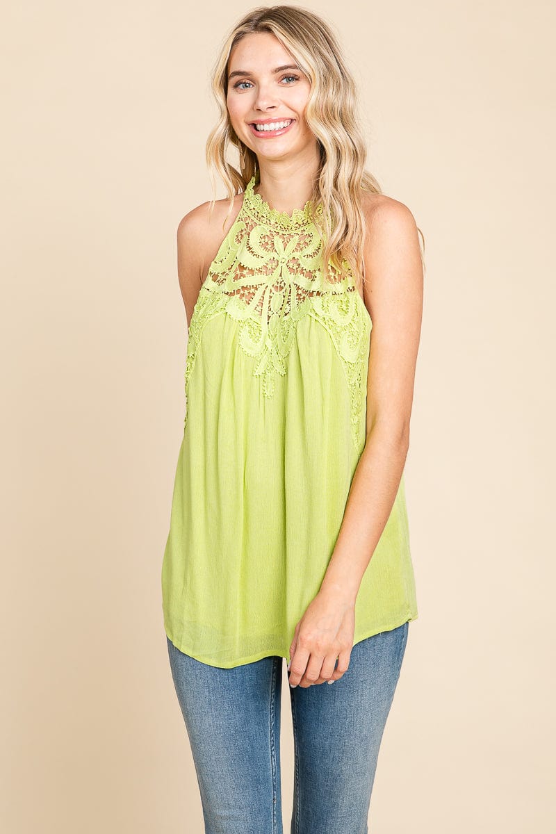 Lace Round Neck Sleeveless Cami Cotton Tops