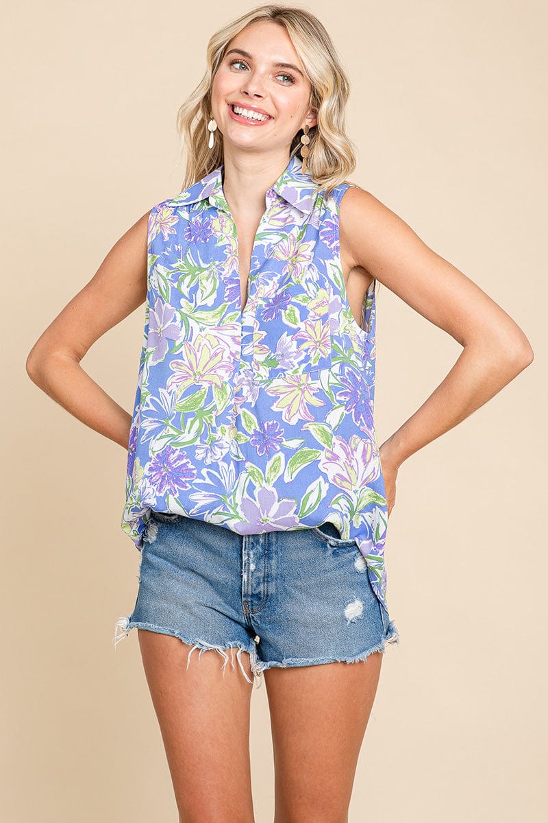 Floral Print Collared V Neck Sleeveless Top