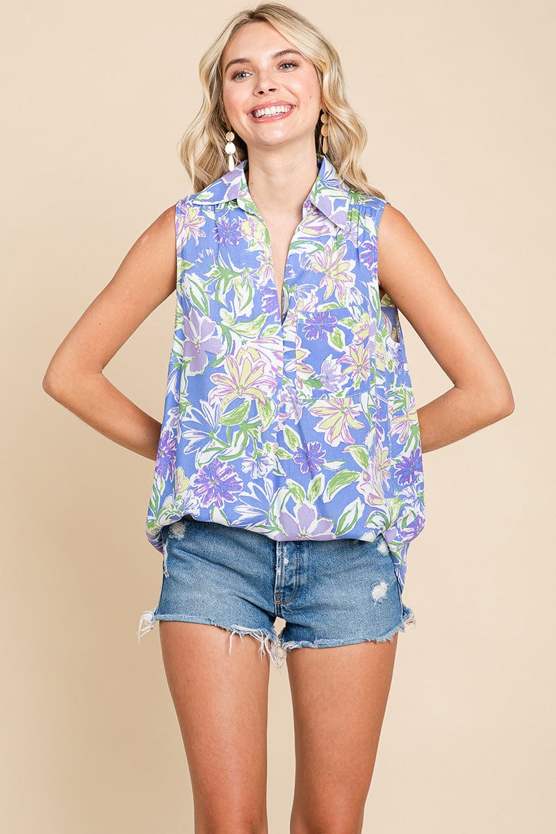 Floral Print Collared V Neck Sleeveless Top