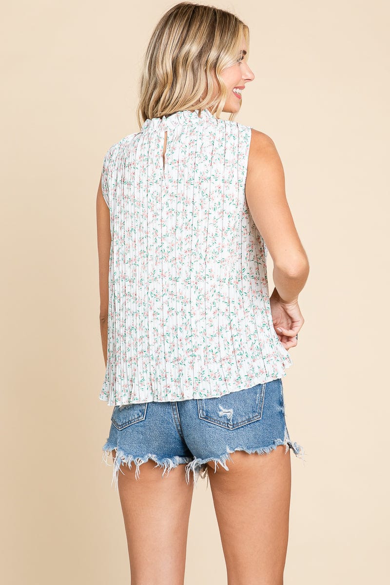 Sleeveless Floral Pleated Shirts Blouse