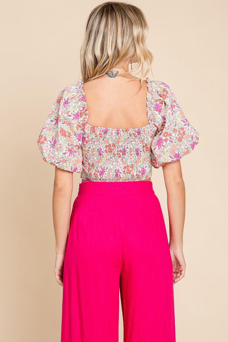 Floral Puff Sleeve Ruched Smocked Cotton Tank Top