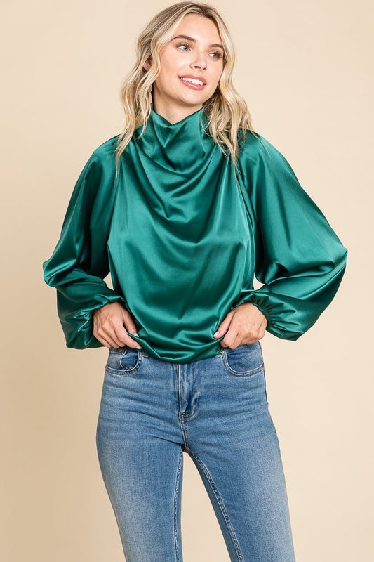 Cowl Neck Long Sleeve Satin Blouse Top