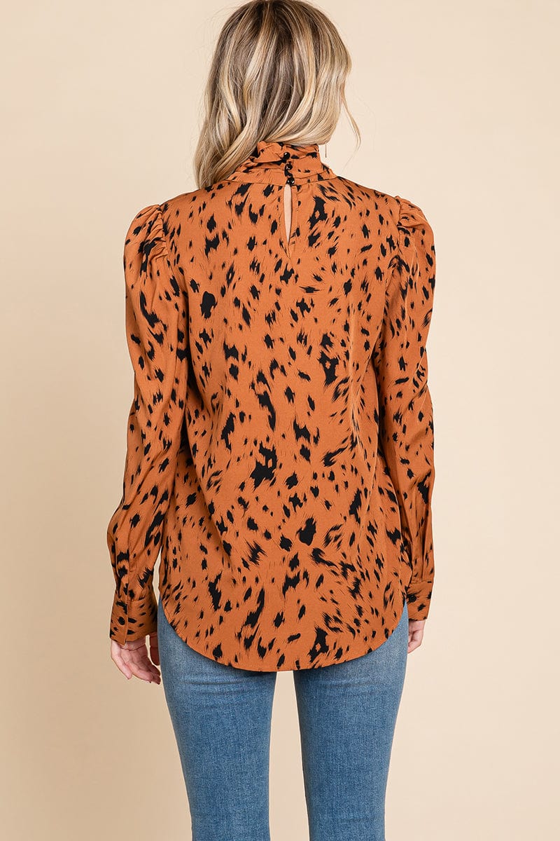 Leopard Print Long Sleeve Cowl Neck Shirts Blouses