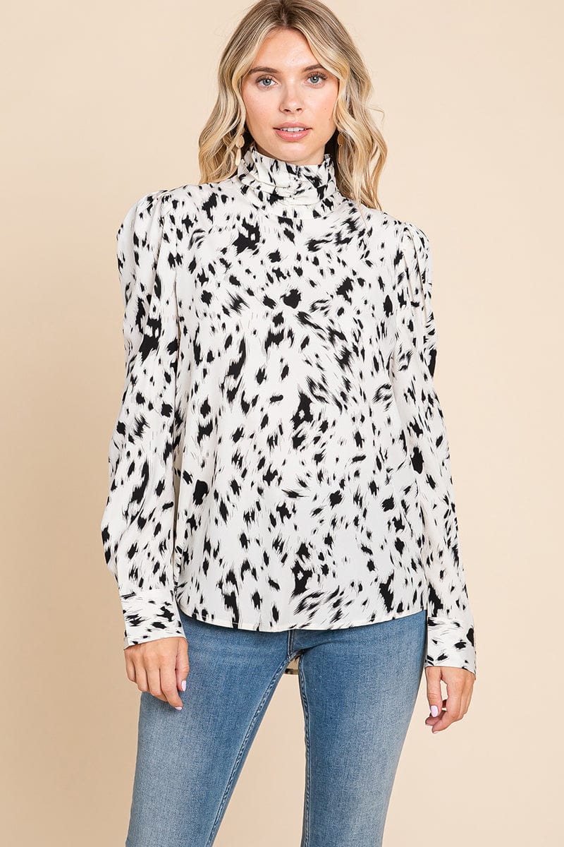 Leopard Print Long Sleeve Cowl Neck Shirts Blouses