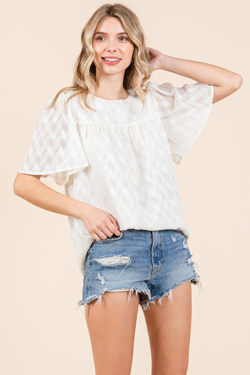 Flare Sleeve Textured Round Neck Checkered Blouse