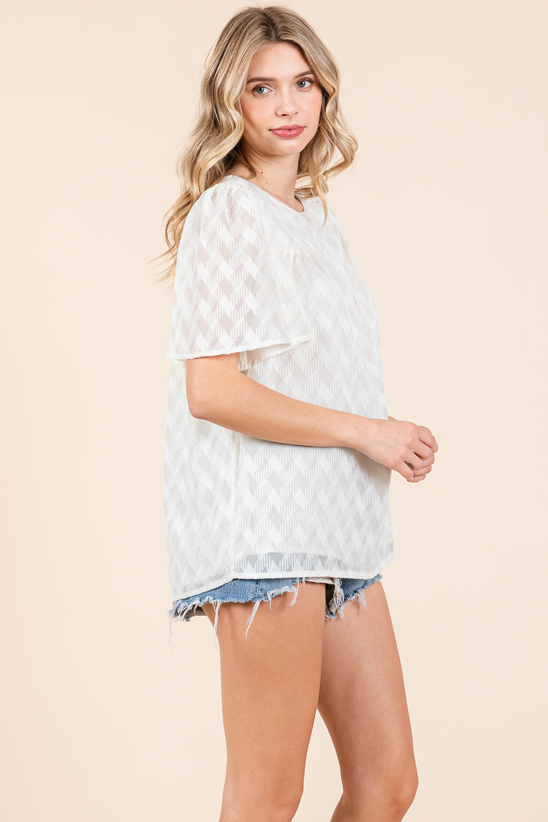 Flare Sleeve Textured Round Neck Checkered Blouse
