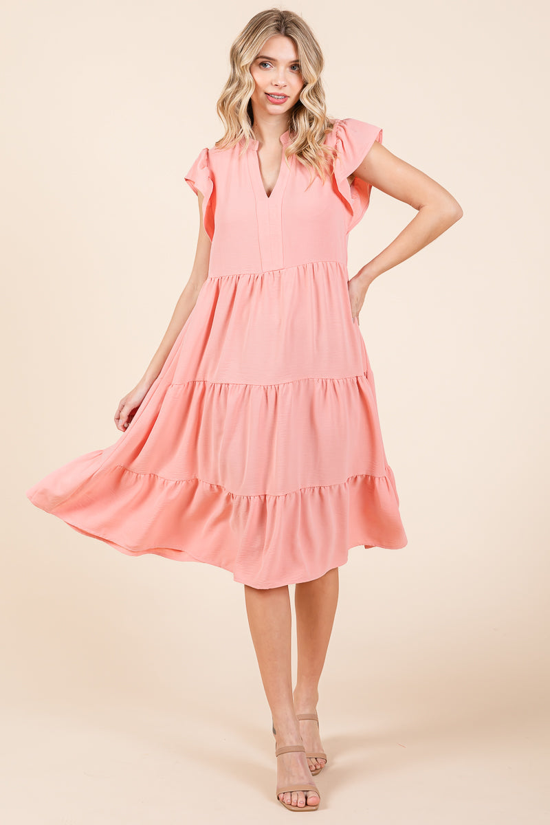 Ruffle Sleeve V neck Tiered Midi Dress, S-3X