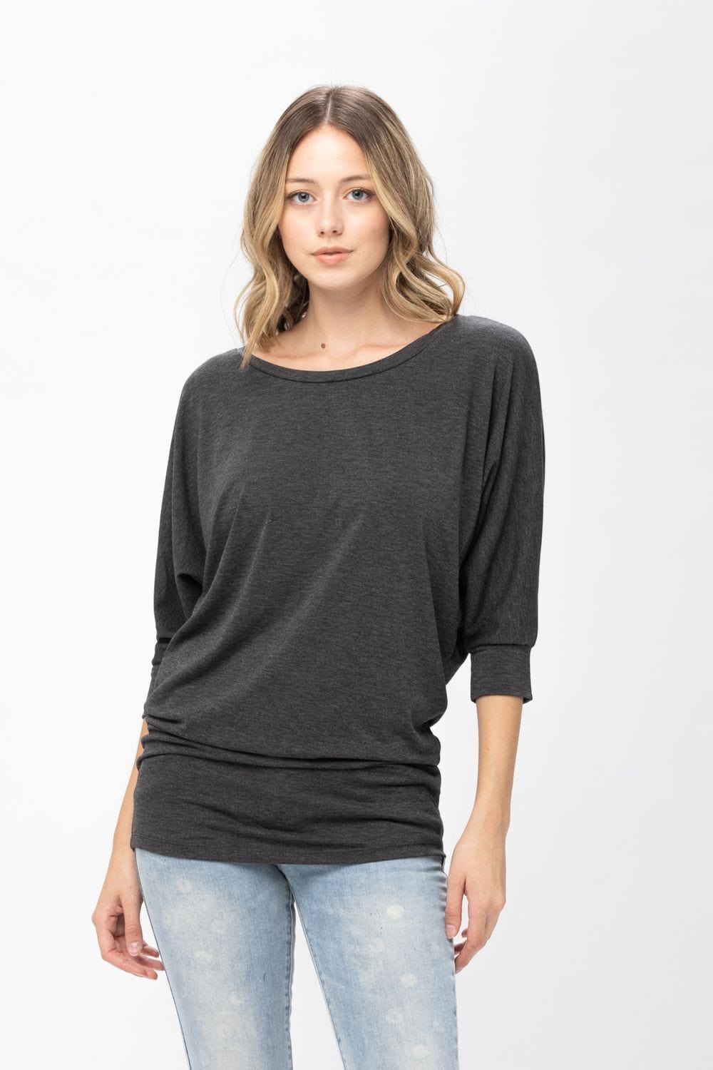 3/4 Dolman Batwing Sleeve Round Neck Comfy Loose fit Casual Tunics Tops Blouses Tshirts