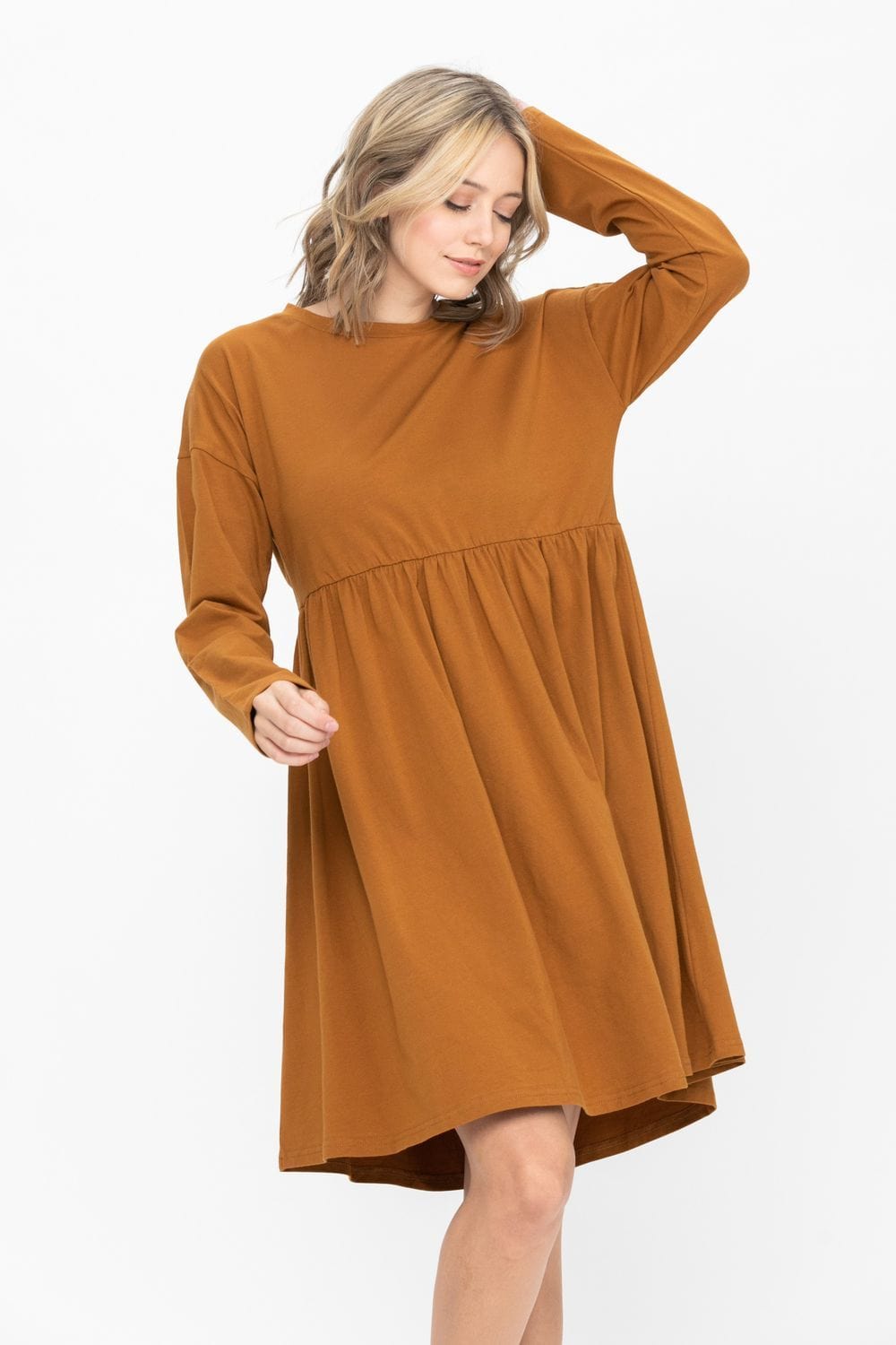 Long Sleeve Round Neck Shift Cotton Dress Tiered Solid Color Tunic Party Mini Dress