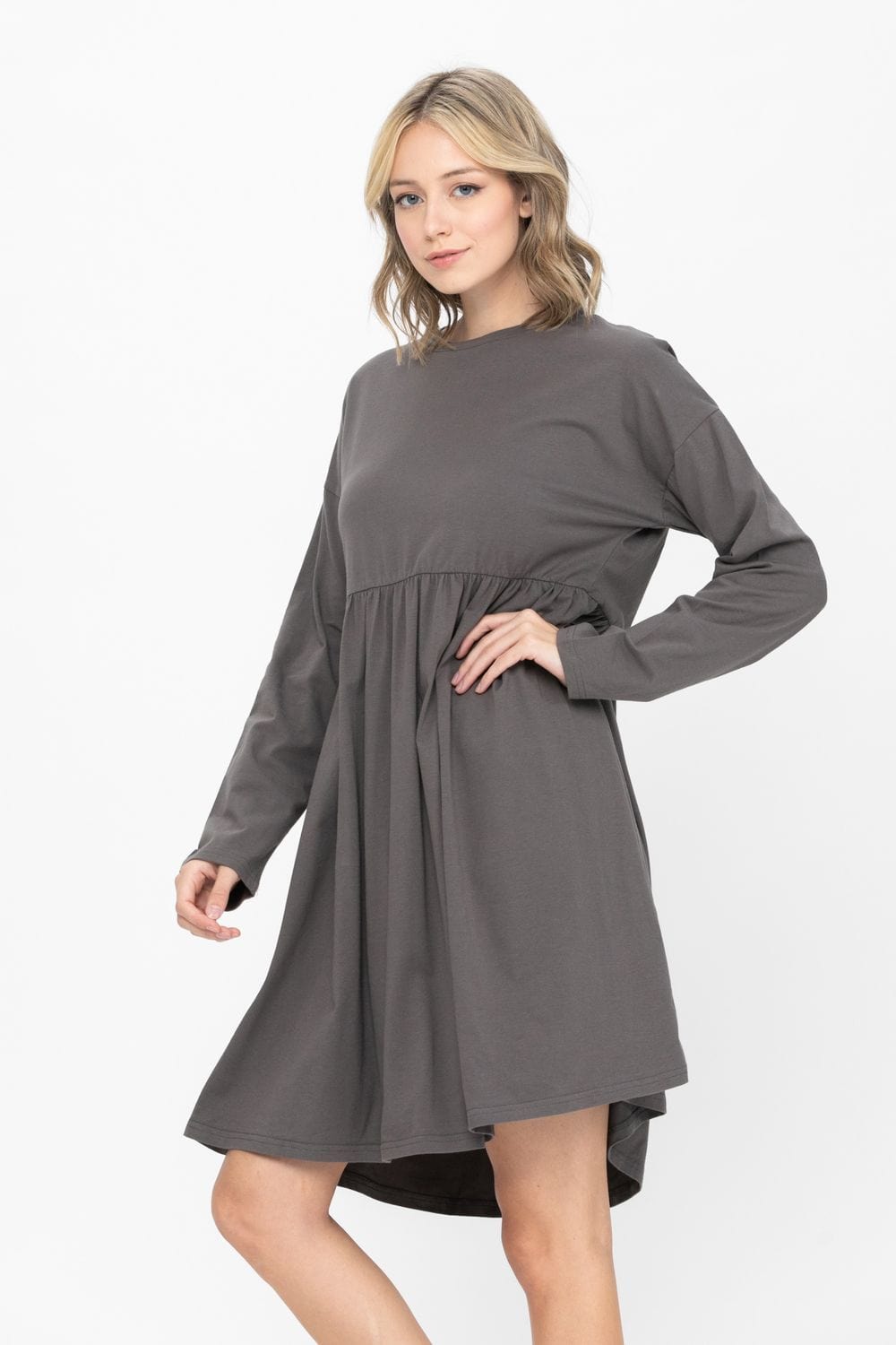 Long Sleeve Round Neck Shift Cotton Dress Tiered Solid Color Tunic Party Mini Dress