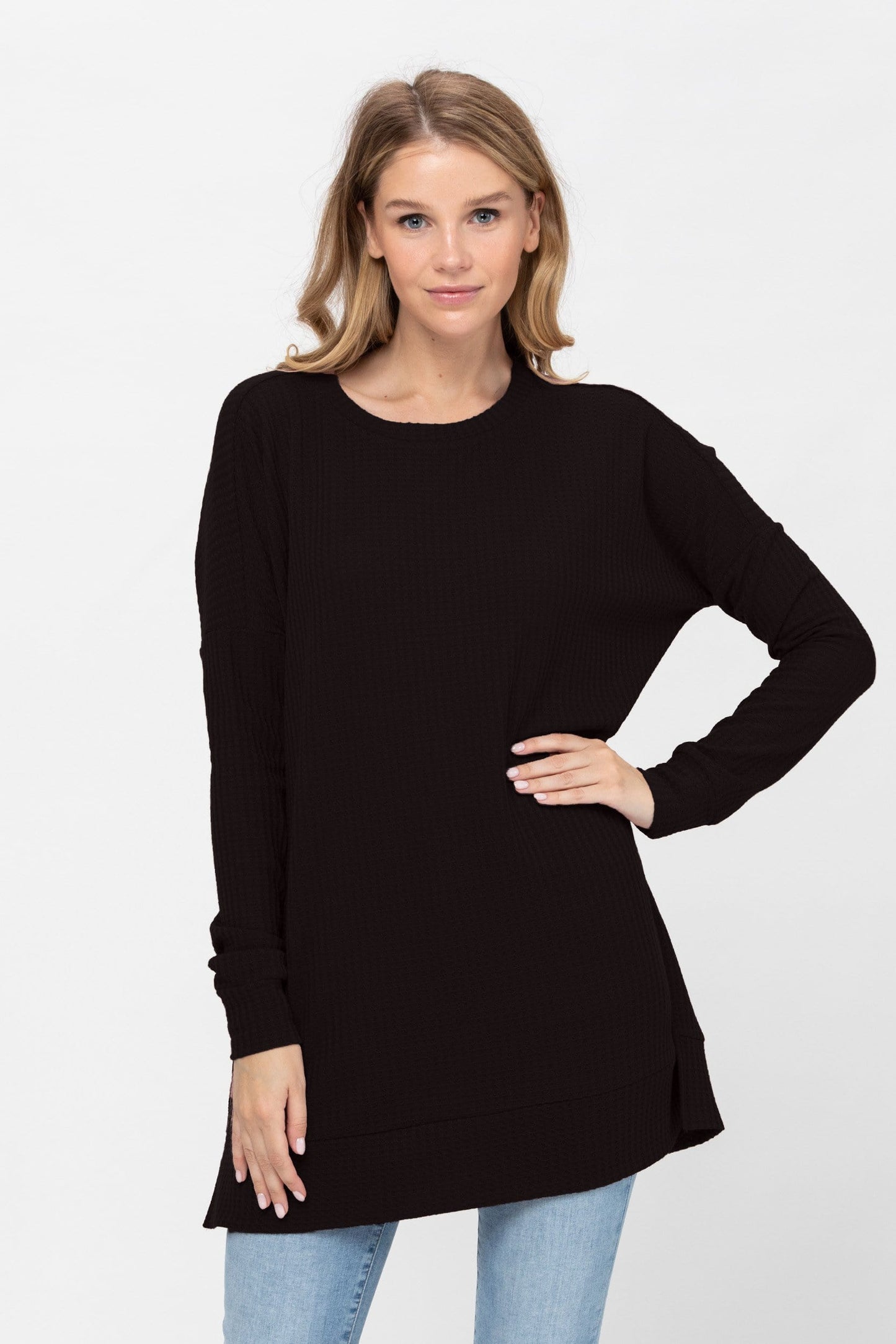 Long Sleeve Waffle Knit Sweater Round Neck Solid Color Pullover Dress Tops