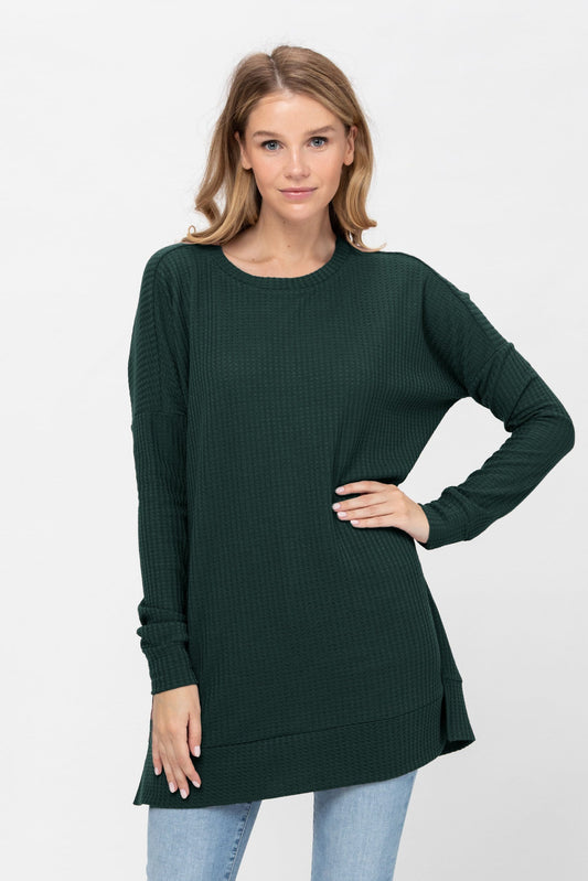 Long Sleeve Waffle Knit Sweater Round Neck Solid Color Pullover Dress Tops