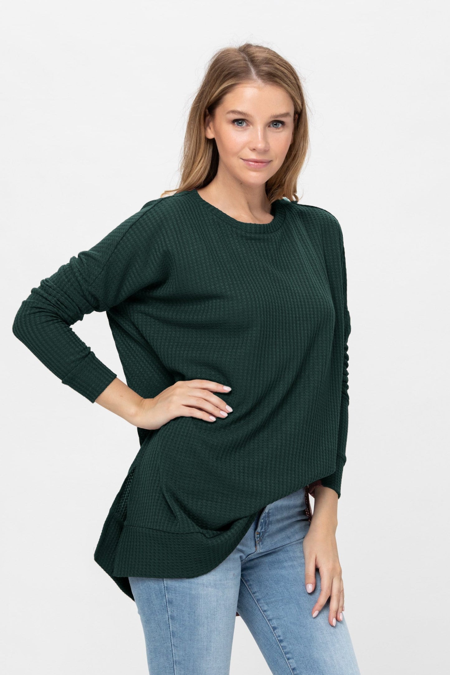 Long Sleeve Waffle Knit Sweater Round Neck Solid Color Pullover Dress Tops