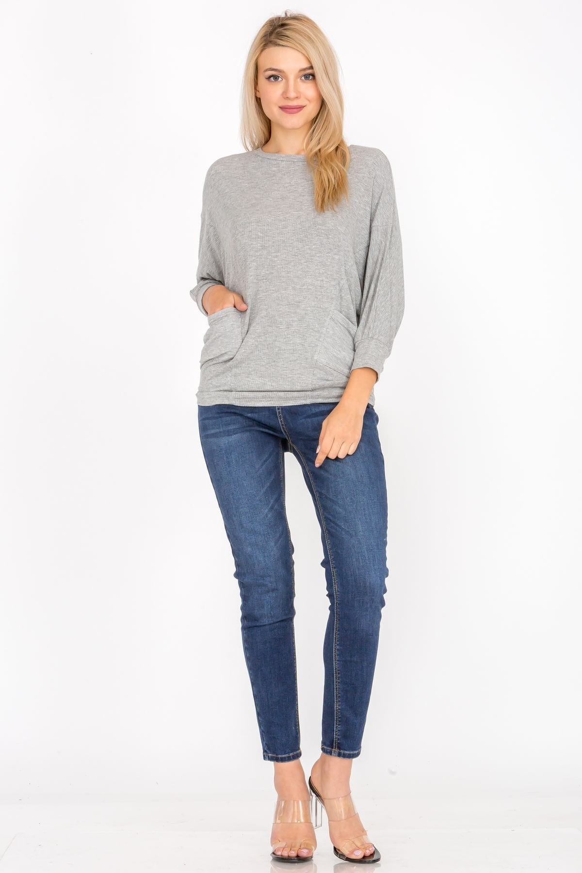 3/4 Sleeve Lightweight Ribbed Dolman Knit Batwing Blouse, Flowy, Thin, Loose Pullover Top