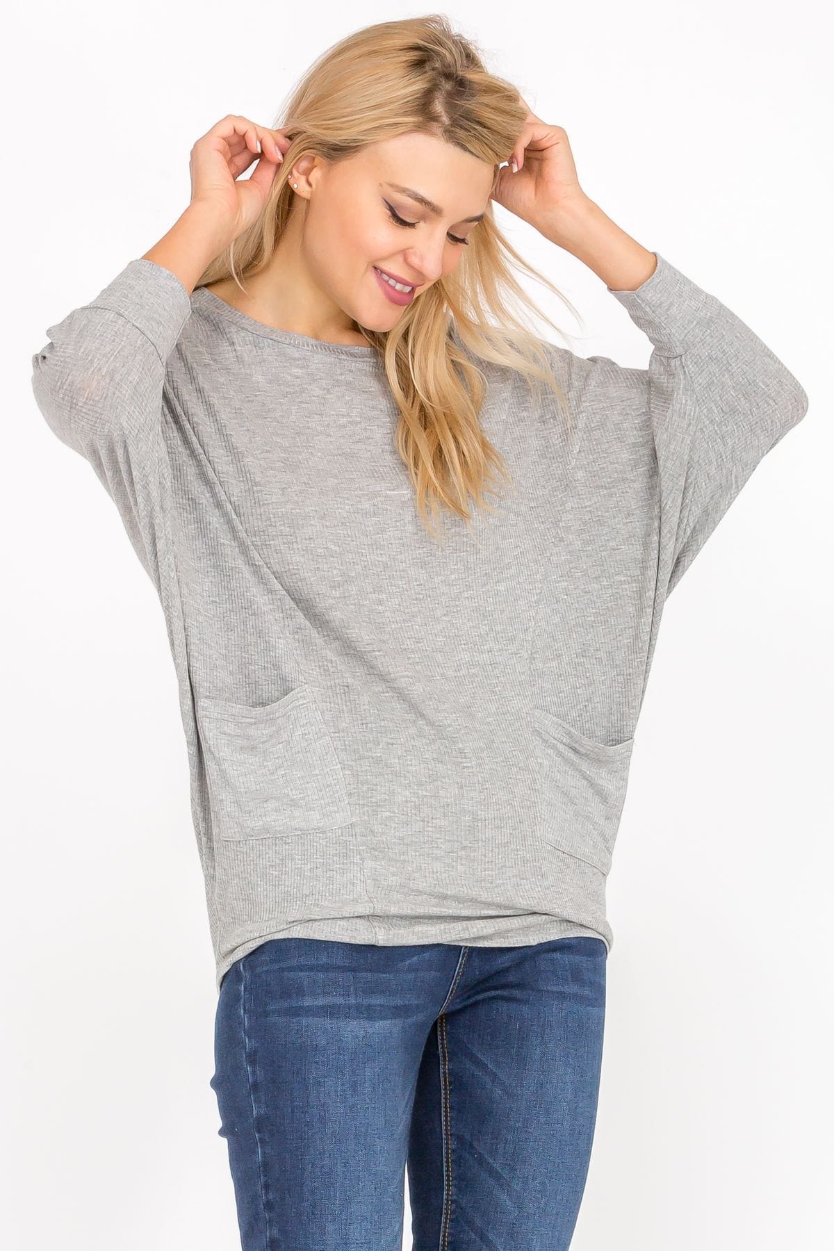 3/4 Sleeve Lightweight Ribbed Dolman Knit Batwing Blouse, Flowy, Thin, Loose Pullover Top