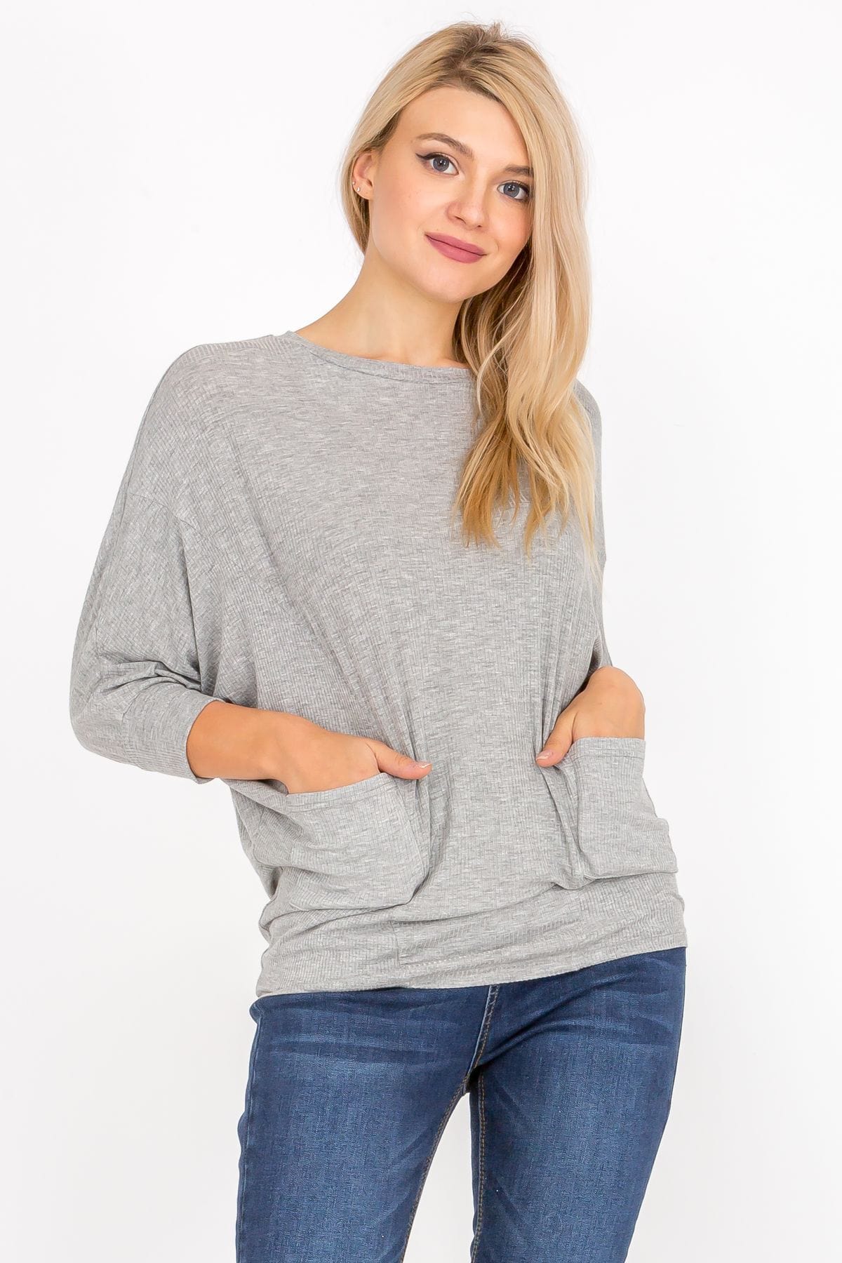 3/4 Sleeve Lightweight Ribbed Dolman Knit Batwing Blouse, Flowy, Thin, Loose Pullover Top