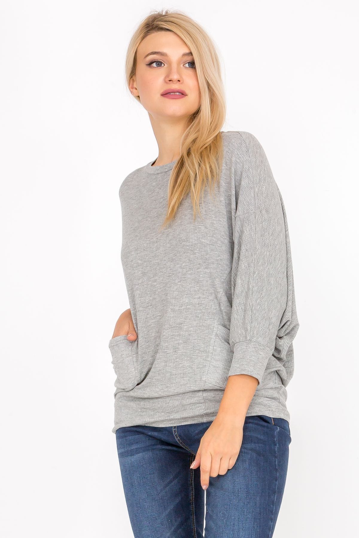 3/4 Sleeve Lightweight Ribbed Dolman Knit Batwing Blouse, Flowy, Thin, Loose Pullover Top