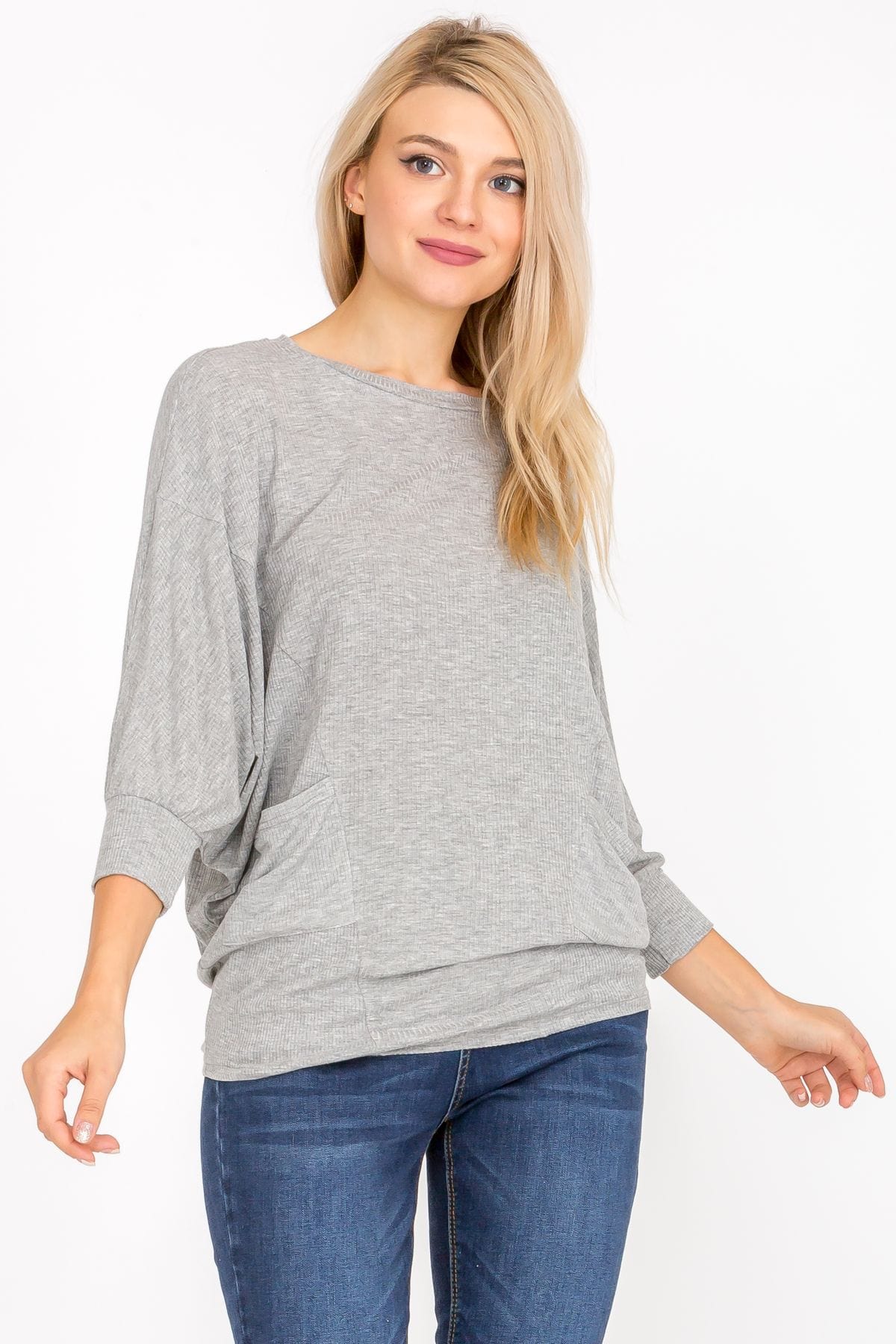 3/4 Sleeve Lightweight Ribbed Dolman Knit Batwing Blouse, Flowy, Thin, Loose Pullover Top