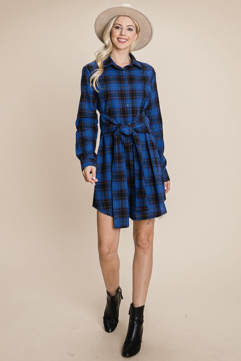 Belted Casual Tunic Cotton Plaid T Shirt Dresses