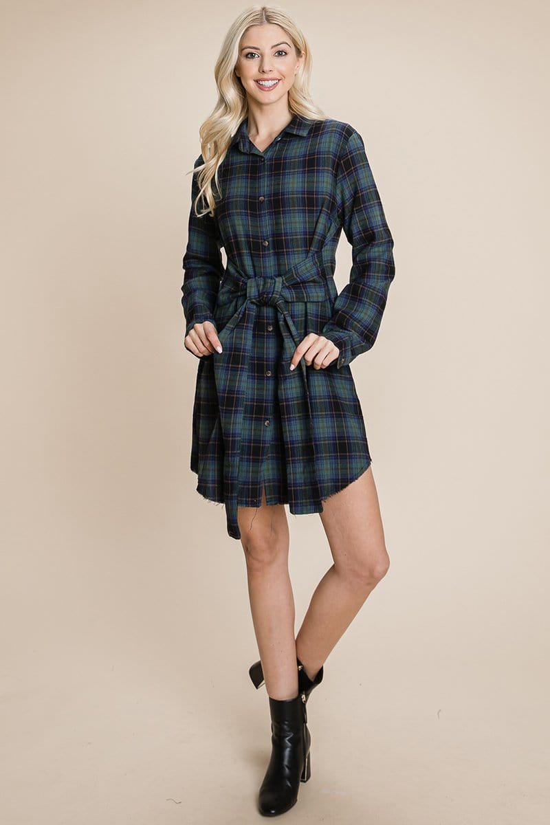 Belted Casual Tunic Cotton Plaid T Shirt Dresses