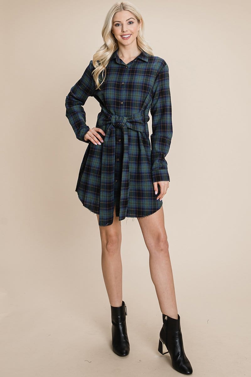 Belted Casual Tunic Cotton Plaid T Shirt Dresses