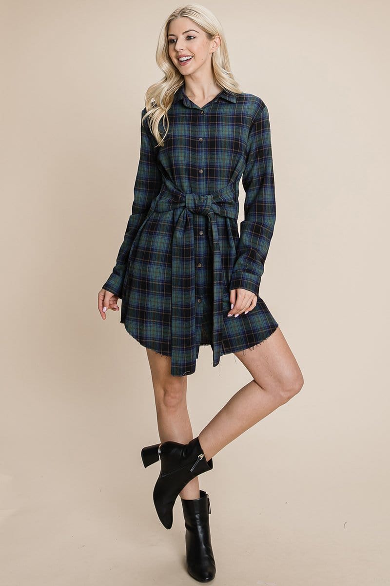 Belted Casual Tunic Cotton Plaid T Shirt Dresses