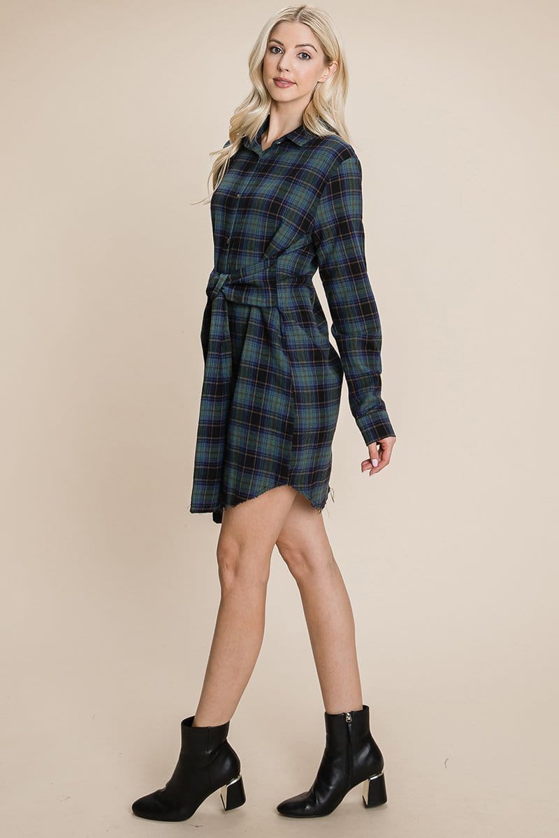 Belted Casual Tunic Cotton Plaid T Shirt Dresses