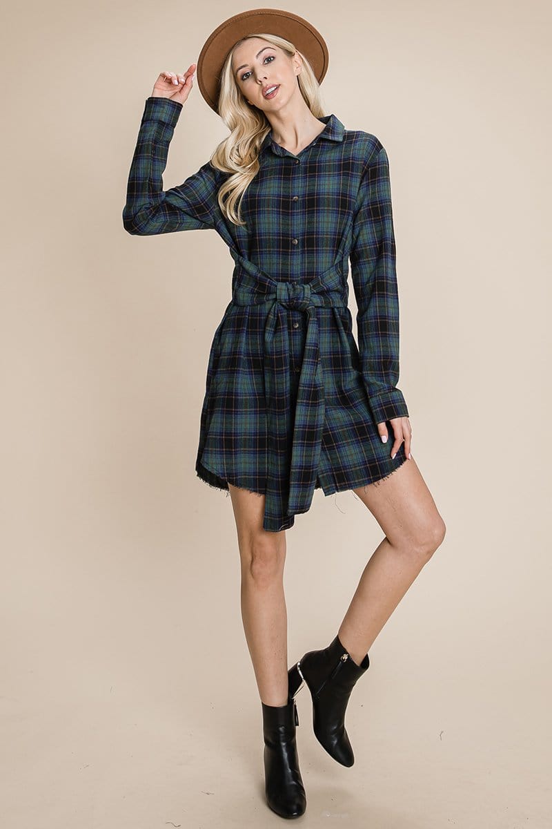 Belted Casual Tunic Cotton Plaid T Shirt Dresses