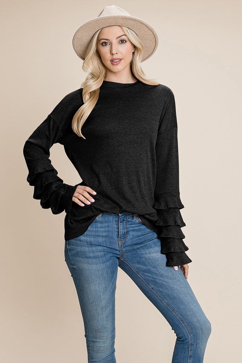 Long Sleeve Ruffle Layered Shirred Sweaters Shirts