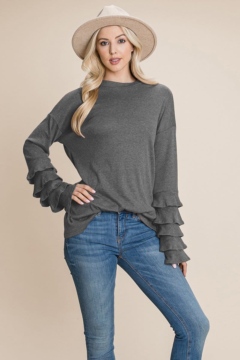 Long Sleeve Ruffle Layered Shirred Sweaters Shirts