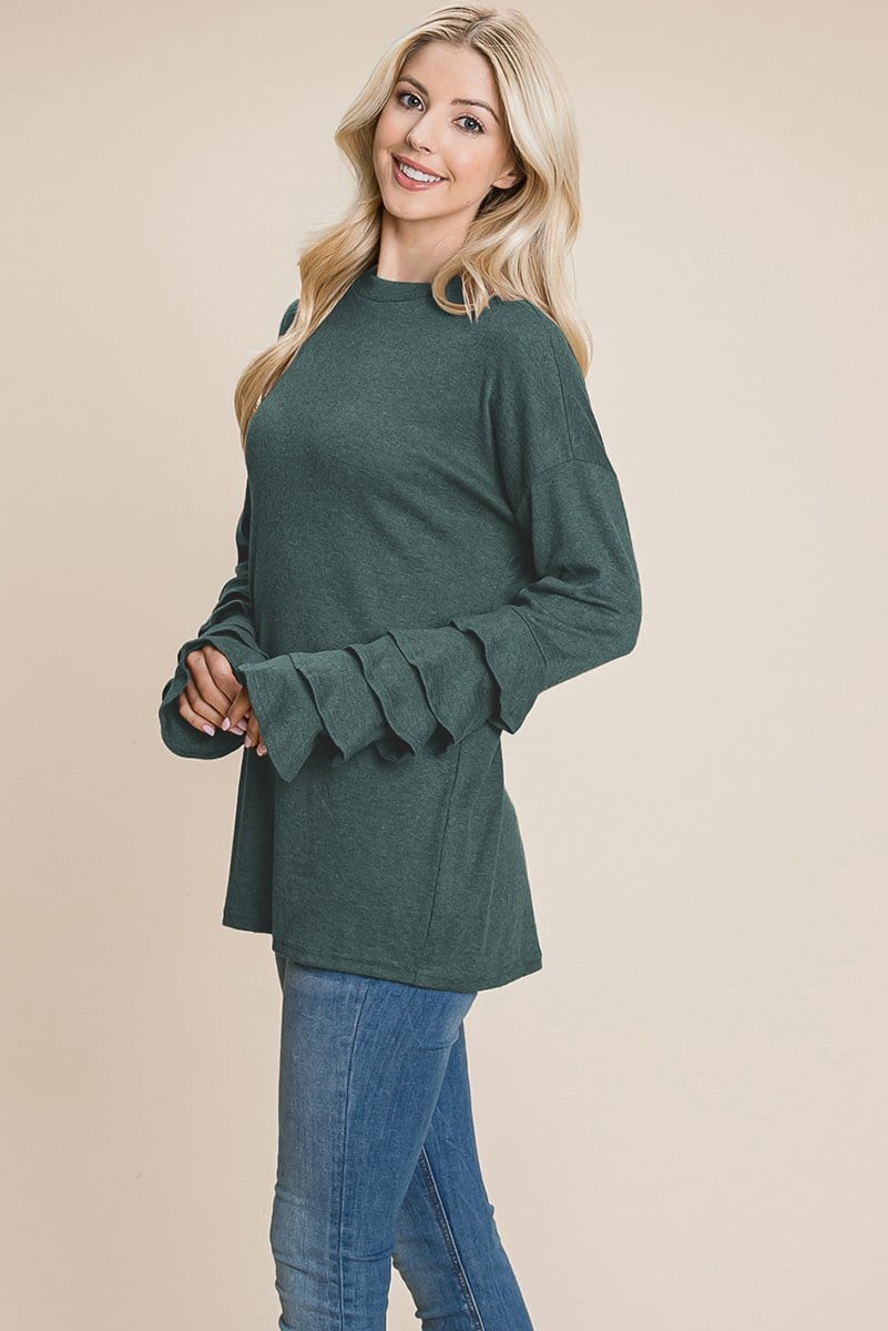 Long Sleeve Ruffle Layered Shirred Sweaters Shirts