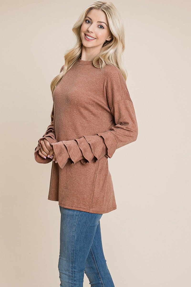 Long Sleeve Ruffle Layered Shirred Sweaters Shirts