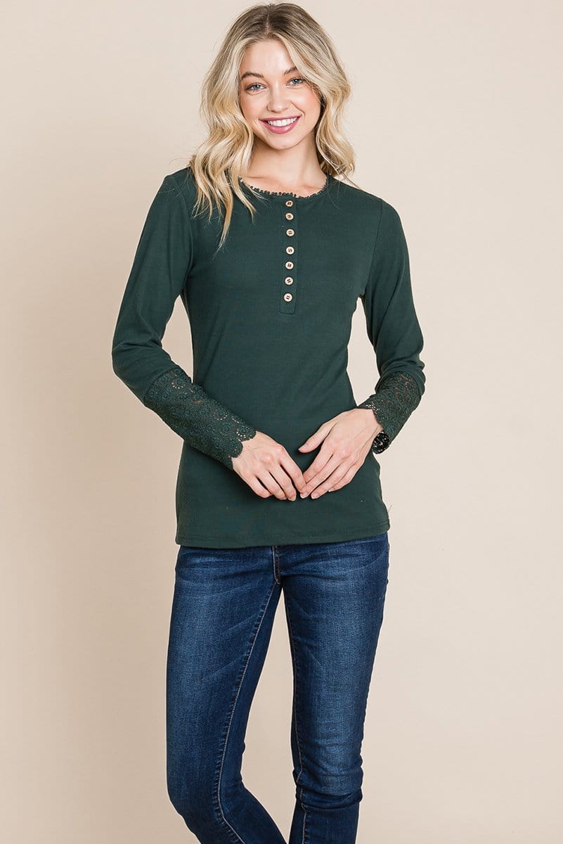 Scalloped Neck Button Placket Lace Sleeve top