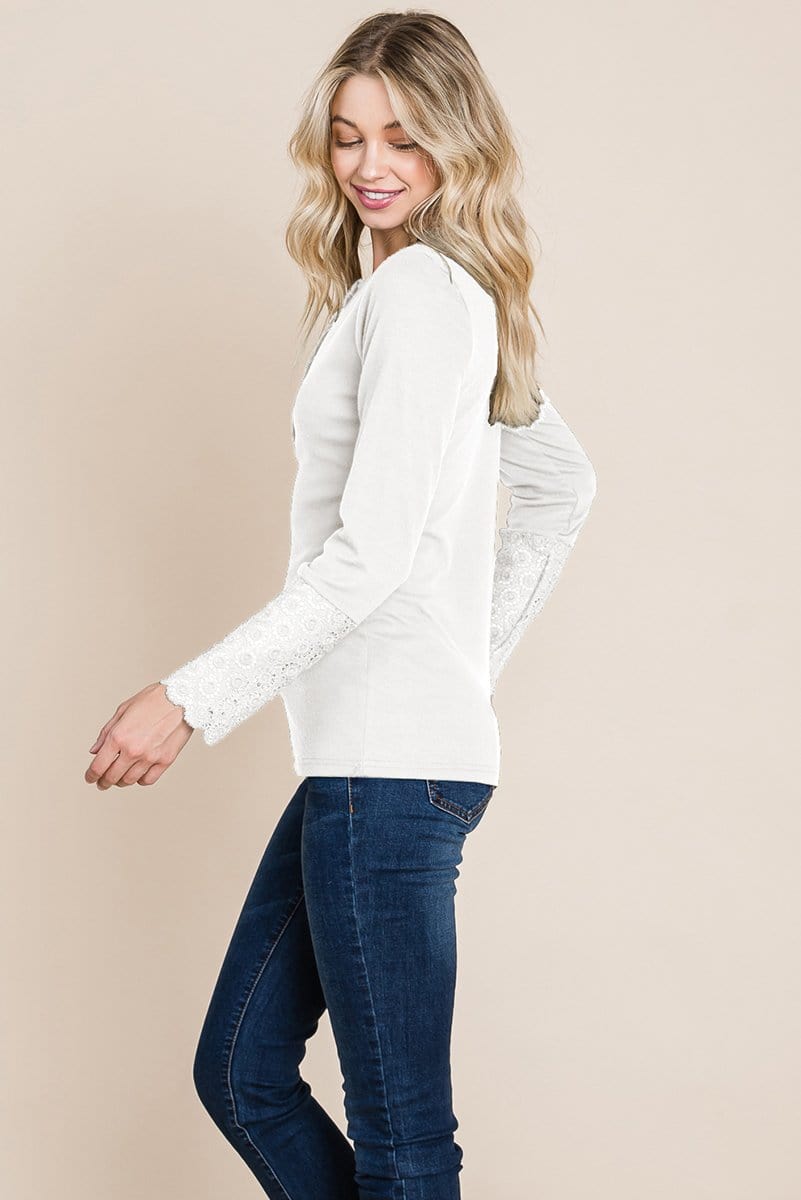 Scalloped Neck Button Placket Lace Sleeve top