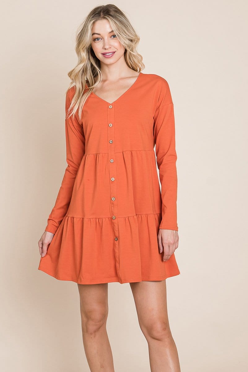 Button Front Long Sleeve Pleated Swing Dresses