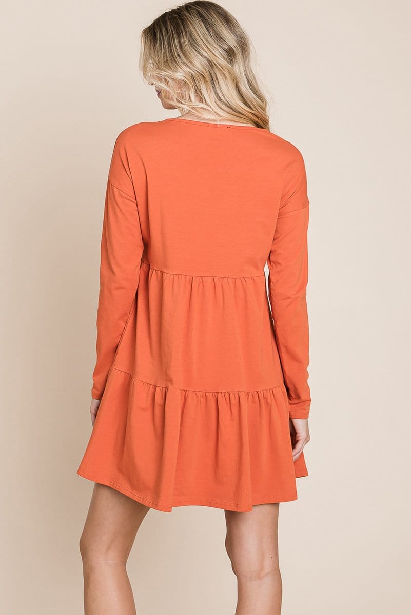 Button Front Long Sleeve Pleated Swing Dresses