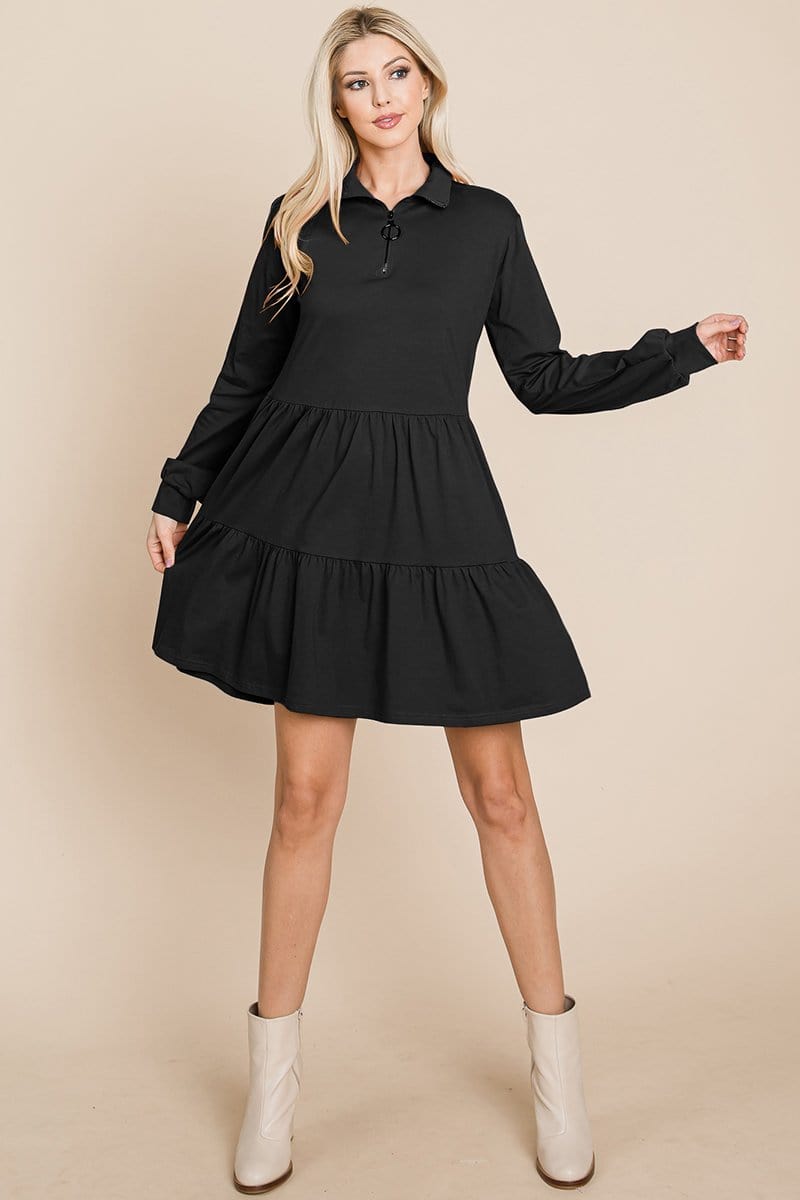 Collared Zipper Front Layered Cotton Shirt Dress